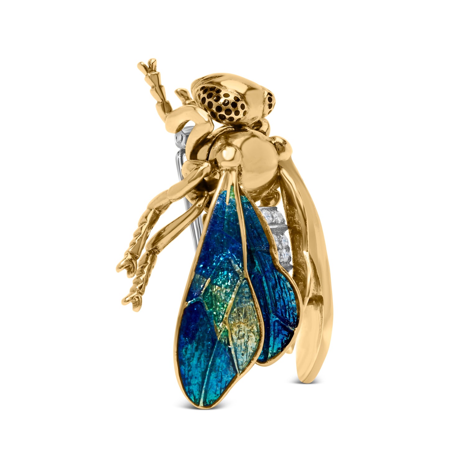 Broche en or jaune 18K en forme de bourdon avec diamants et émail