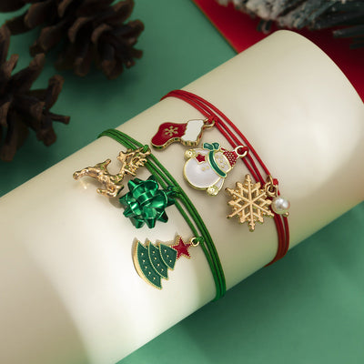 Christmas Element Elk Snow Bracelet Set Creative Snowman Adjustable Wax Thread Handmade - Korvel