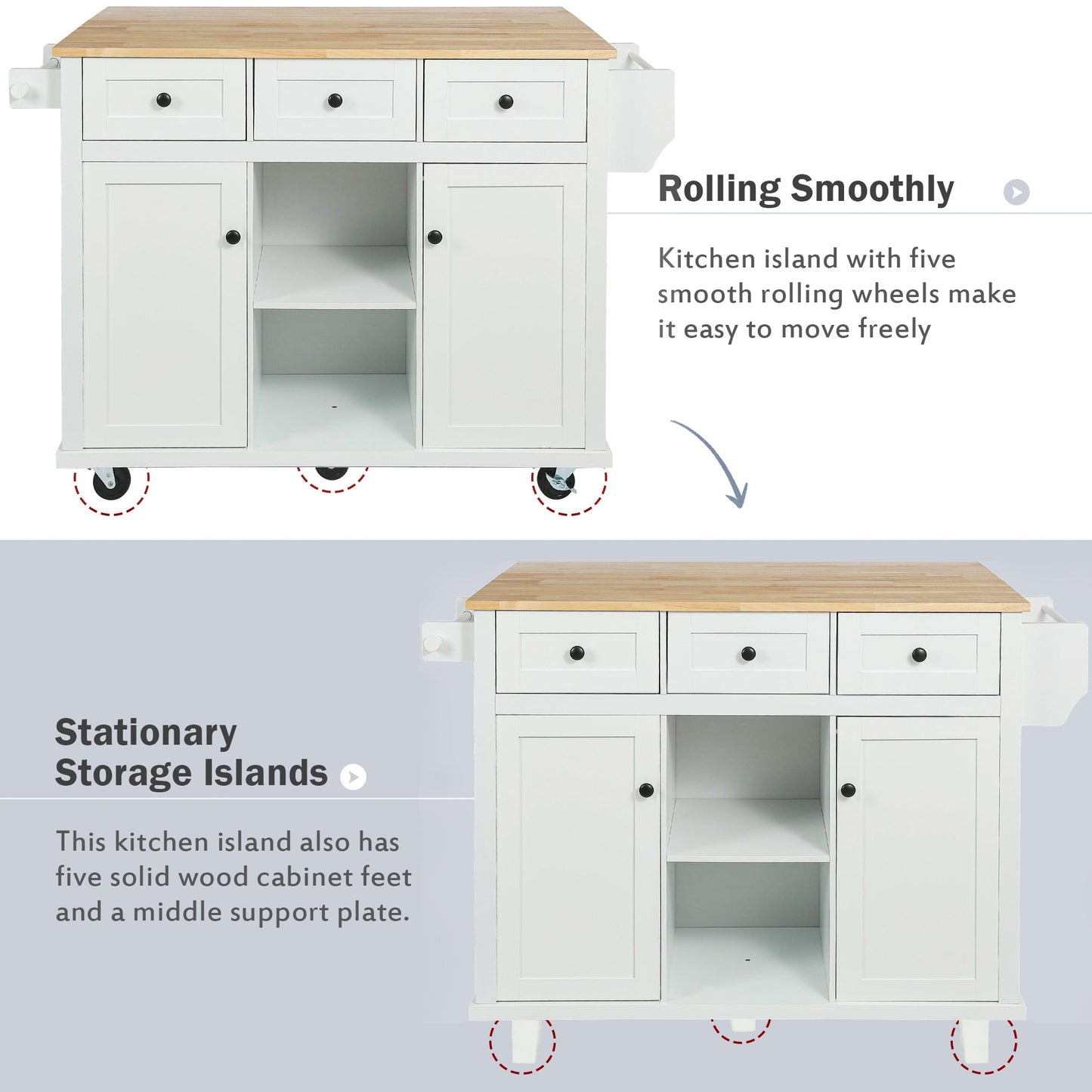 Kitchen trolley with rubber wood leaf countertop, 5-wheel kitchen island, storage cabinet and 3 dining drawers, white - Korvel