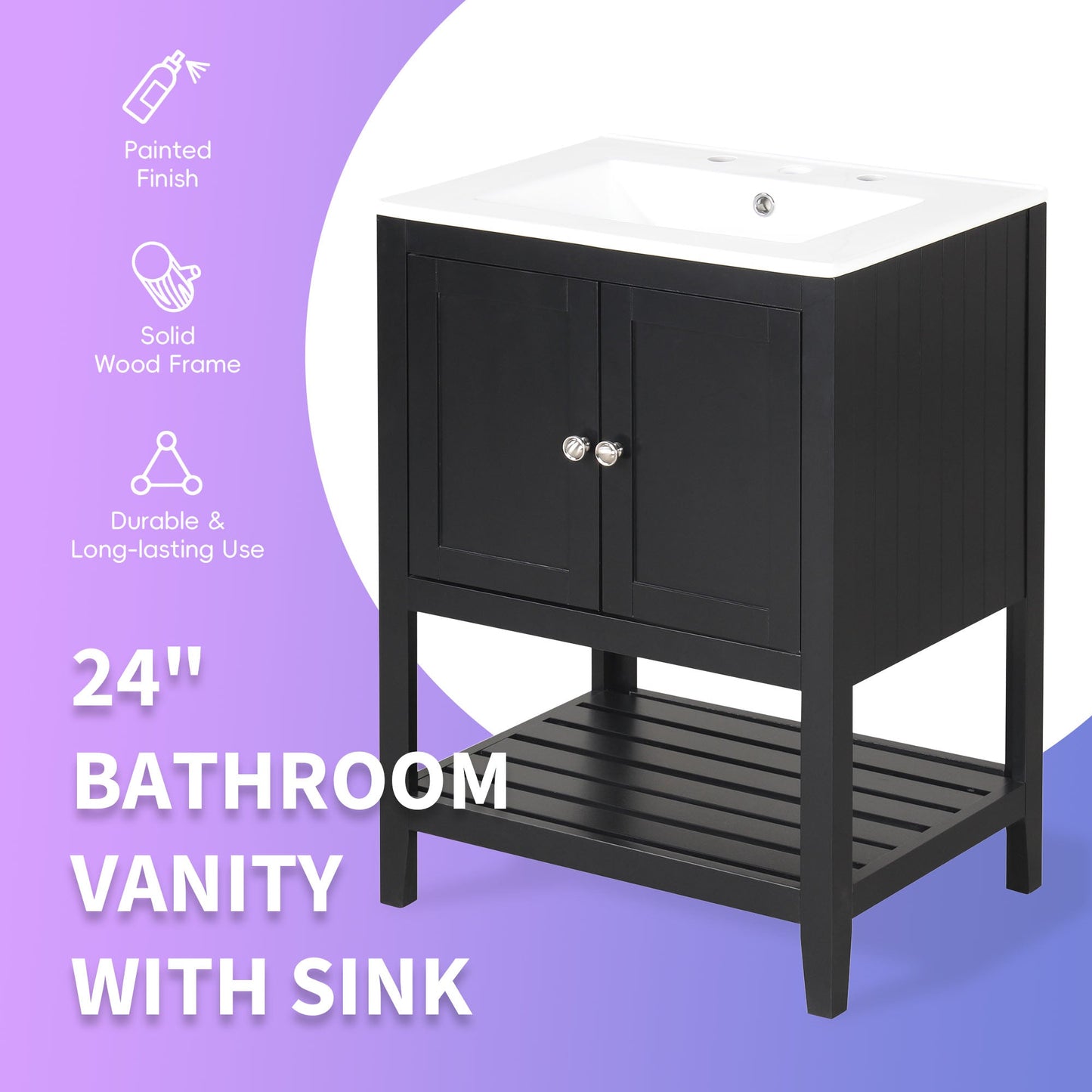 Meuble de salle de bain moderne noir de 24" avec évier en céramique élégant