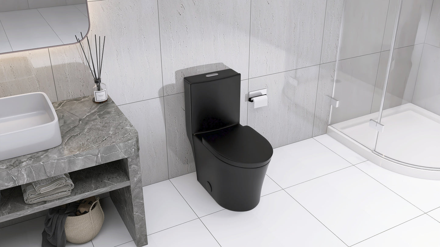 Matte Black Elongated One Piece Toilet Dual Flush 1.1/1.6 GPF Water Saving Map 1000g,Matte Black - Korvel