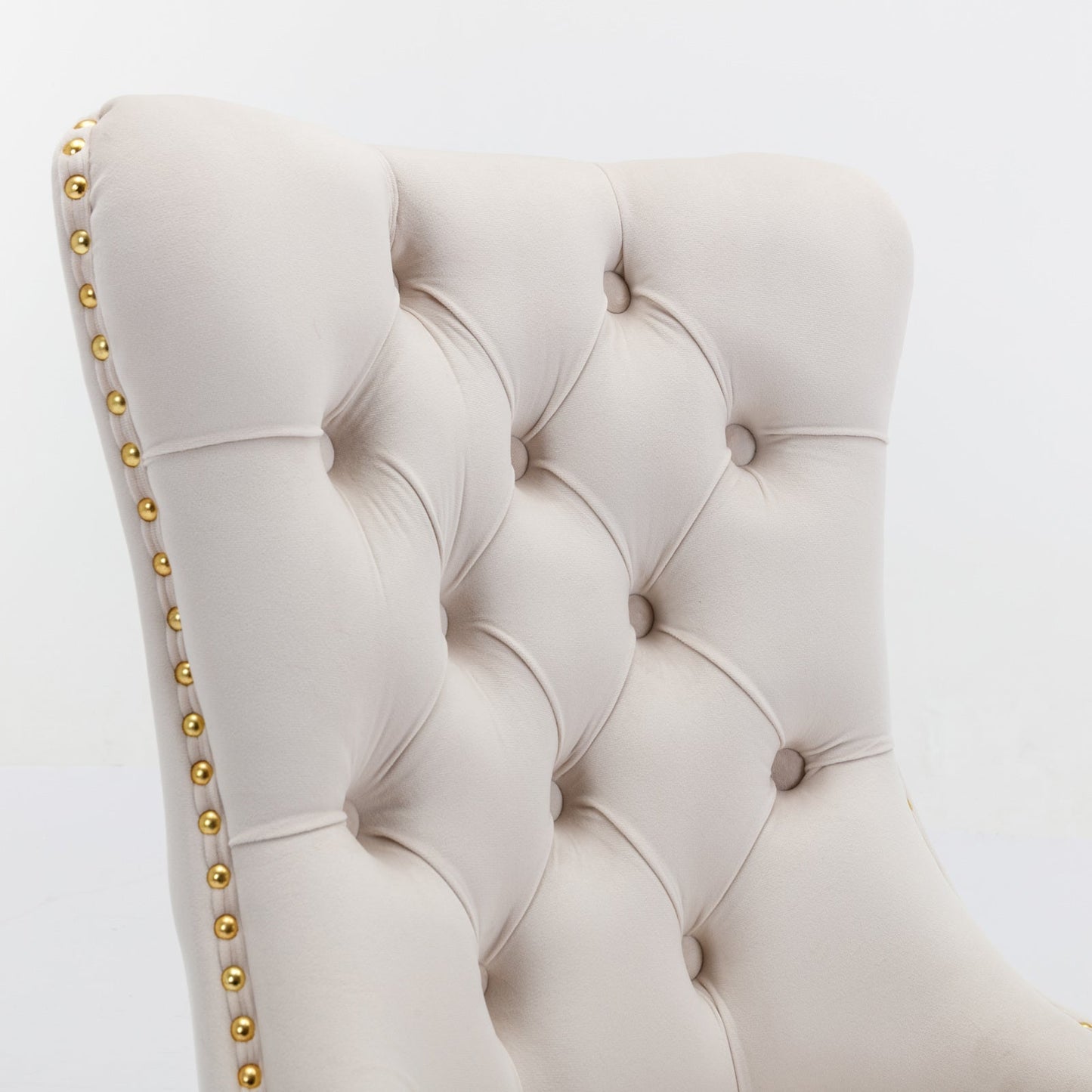 Tufted solid wood velvet soft cushion dining chair gold stainless steel plated leg nail head set of 2 pieces beige and gold - Korvel