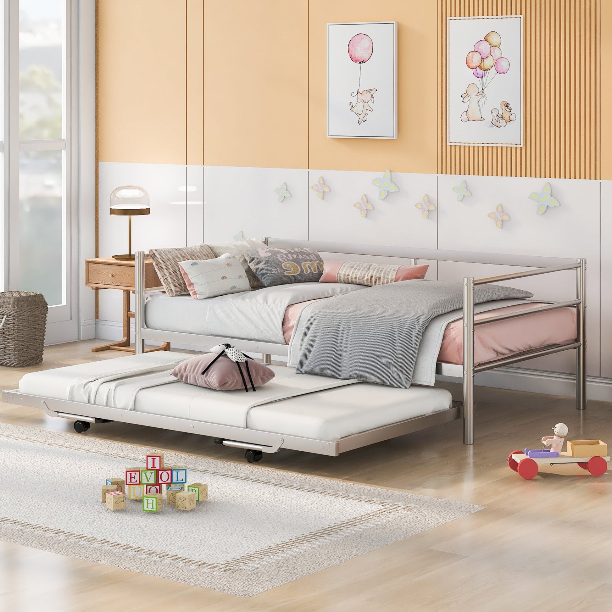 Twin Size Metal Daybed with Adjustable Trundle  Pop Up Trundle  Silver - Korvel