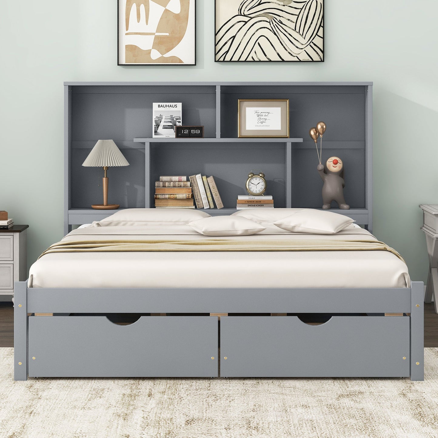 Elegant Queen Size Platform Bed with Storage Headboard, Gray