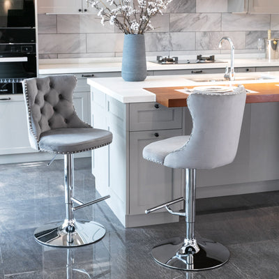 Set of 2 Gray Adjustable Bar Stools with Chrome Base