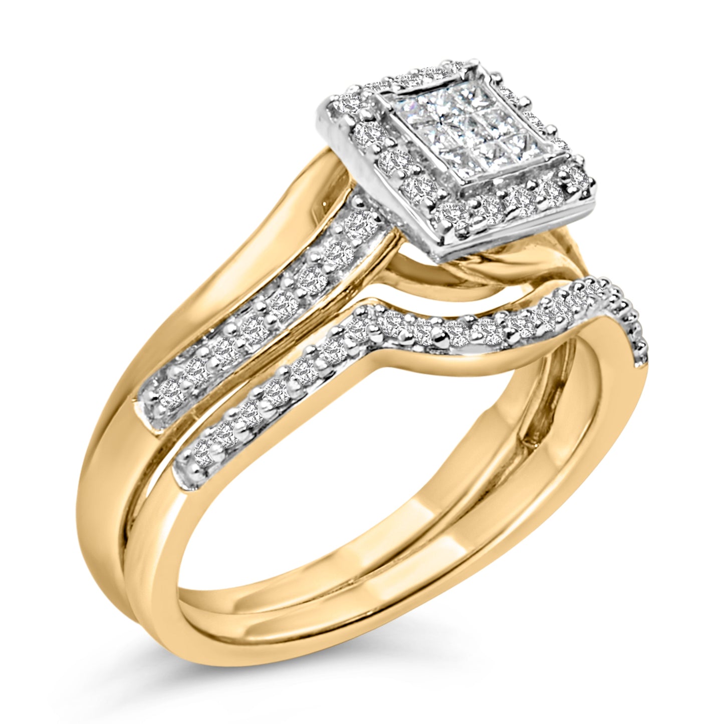 Ensemble de Mariage en Argent Sterling Plaqué Or Jaune 14K avec Diamants Carrés Princess