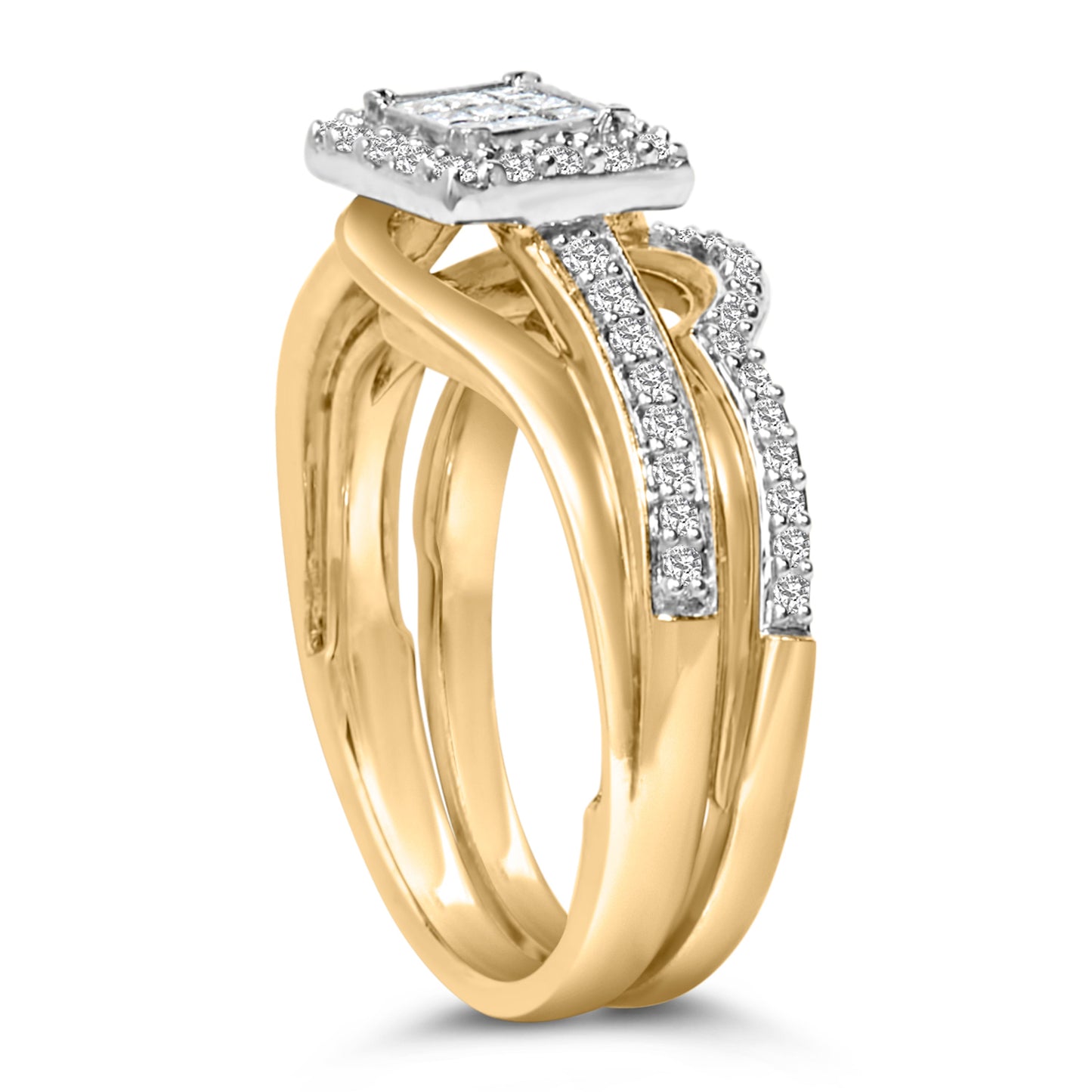 Ensemble de Mariage en Argent Sterling Plaqué Or Jaune 14K avec Diamants Carrés Princess