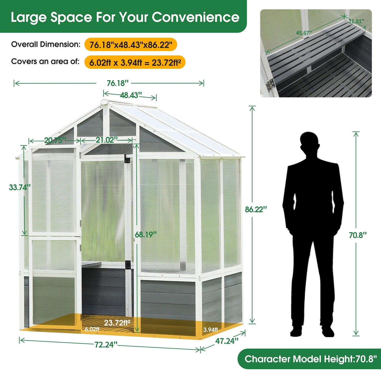 76''x48''x86'' Polycarbonate Greenhouse, Walk-in Outdoor Plant Gardening Greenhouse for Patio Backyard Lawn - Korvel