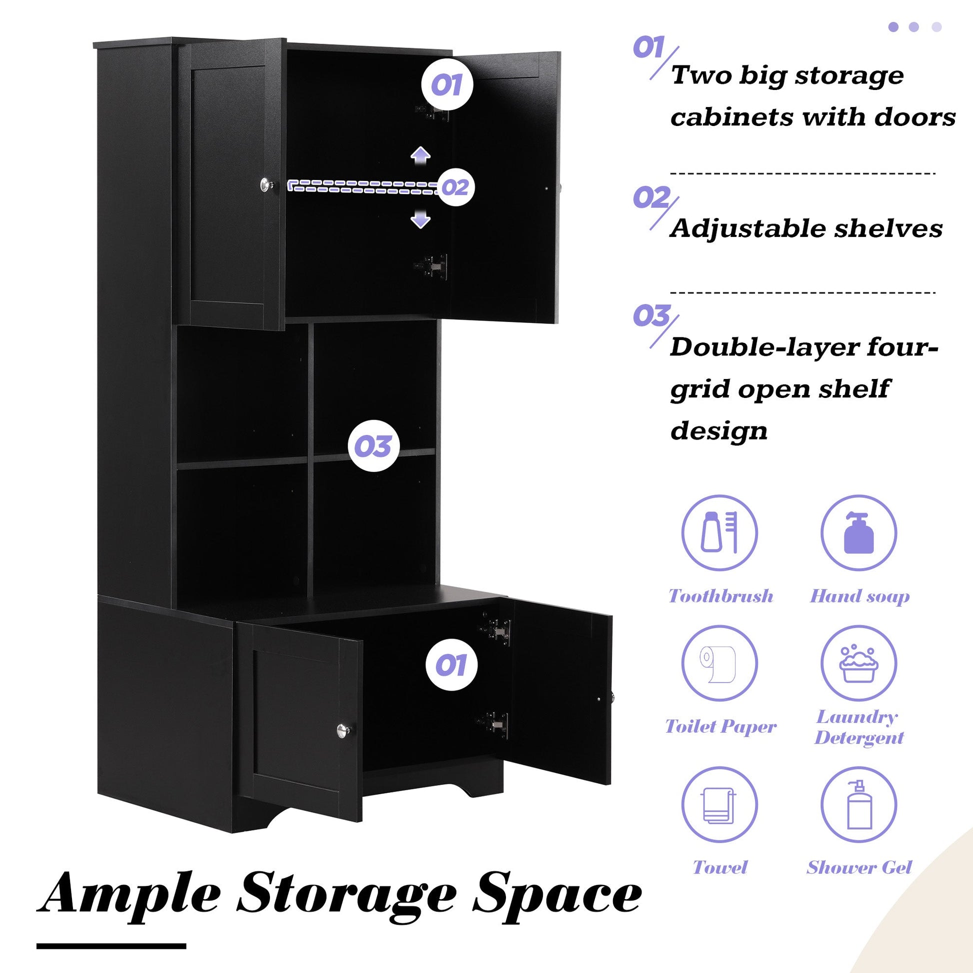 Bathroom storage cabinet, 4-door independent cabinet, adjustable shelf, open multi-layer shelf, black - Korvel