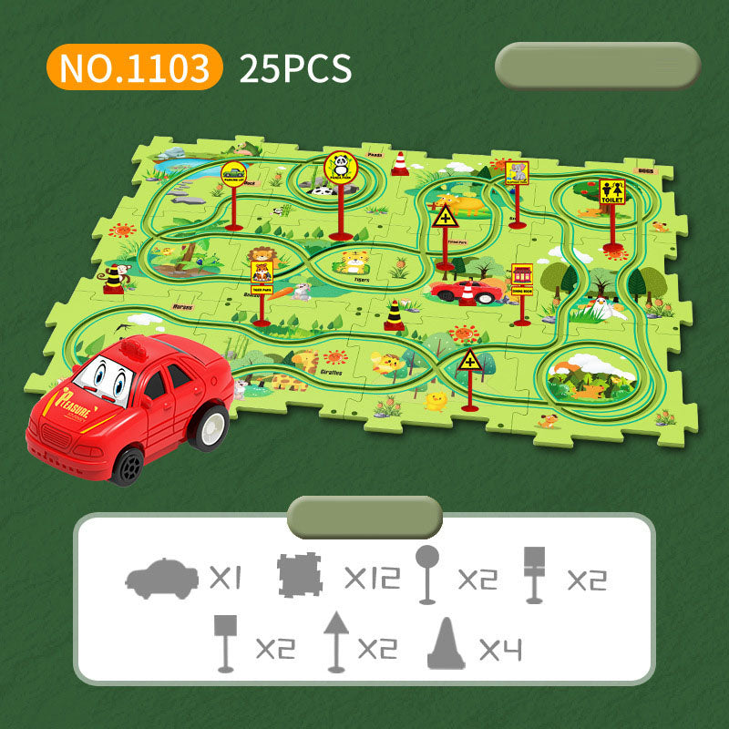 DIY assembly of children's puzzle track car with various scenarios city map construction electric puzzle track car - Korvel