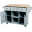 Kitchen handcart with rubber wood leaf countertop, storage cabinet, shelf, and 3 dining room drawers, gray blue - Korvel