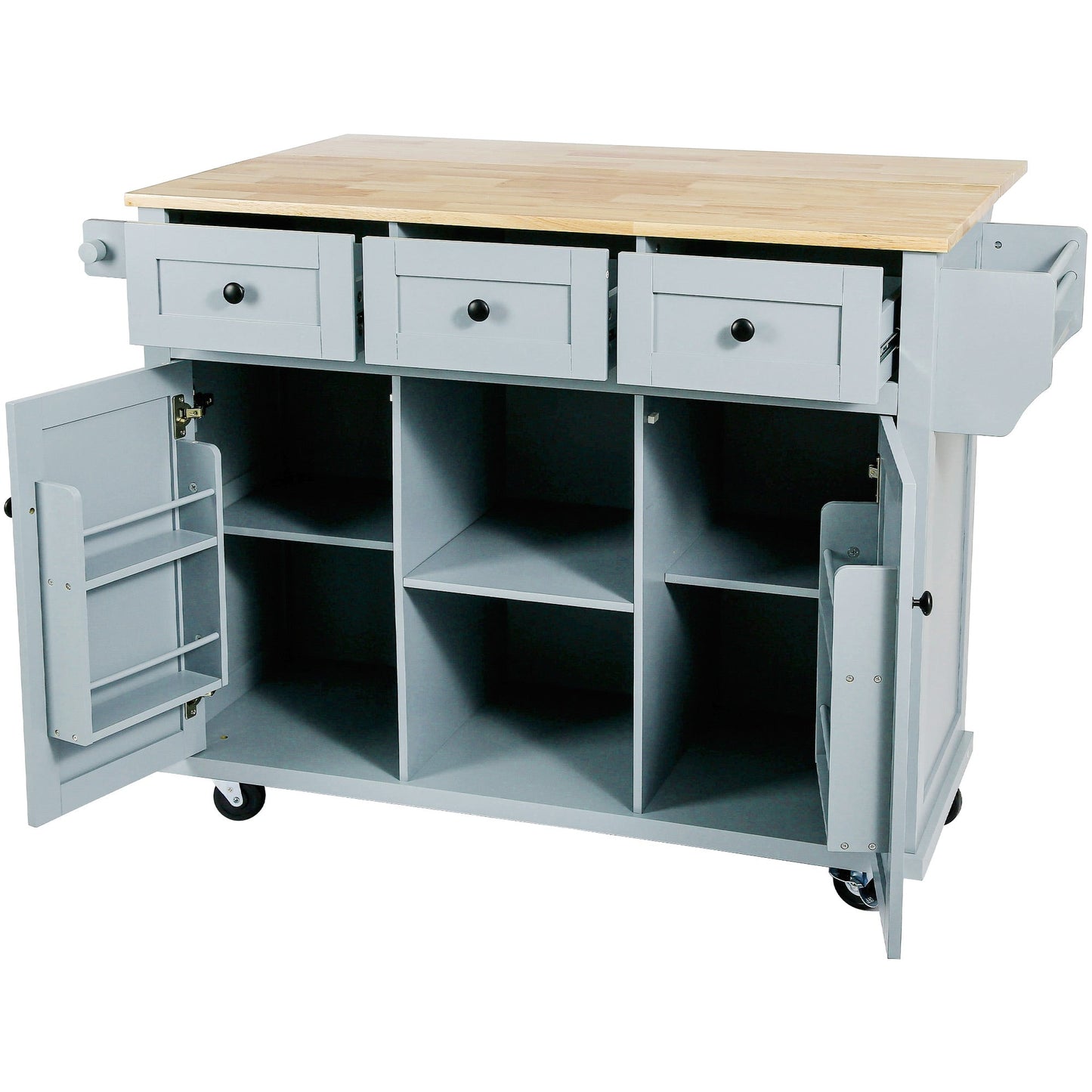 Kitchen handcart with rubber wood leaf countertop, storage cabinet, shelf, and 3 dining room drawers, gray blue - Korvel