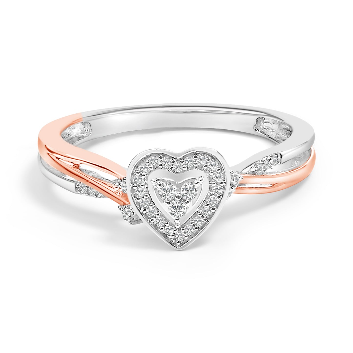 Bague en cœur en argent sterling plaqué or rose 14K avec diamants