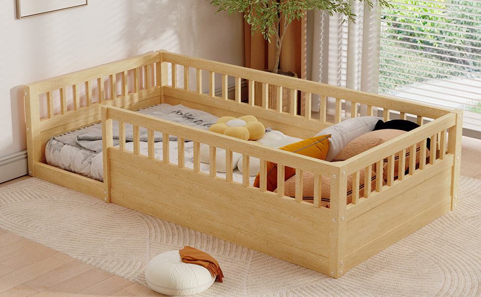 Twin Floor Bed Frame with Fence, Wood Kids Floor Beds Frame for Bedroom Playroom,Natural - Korvel