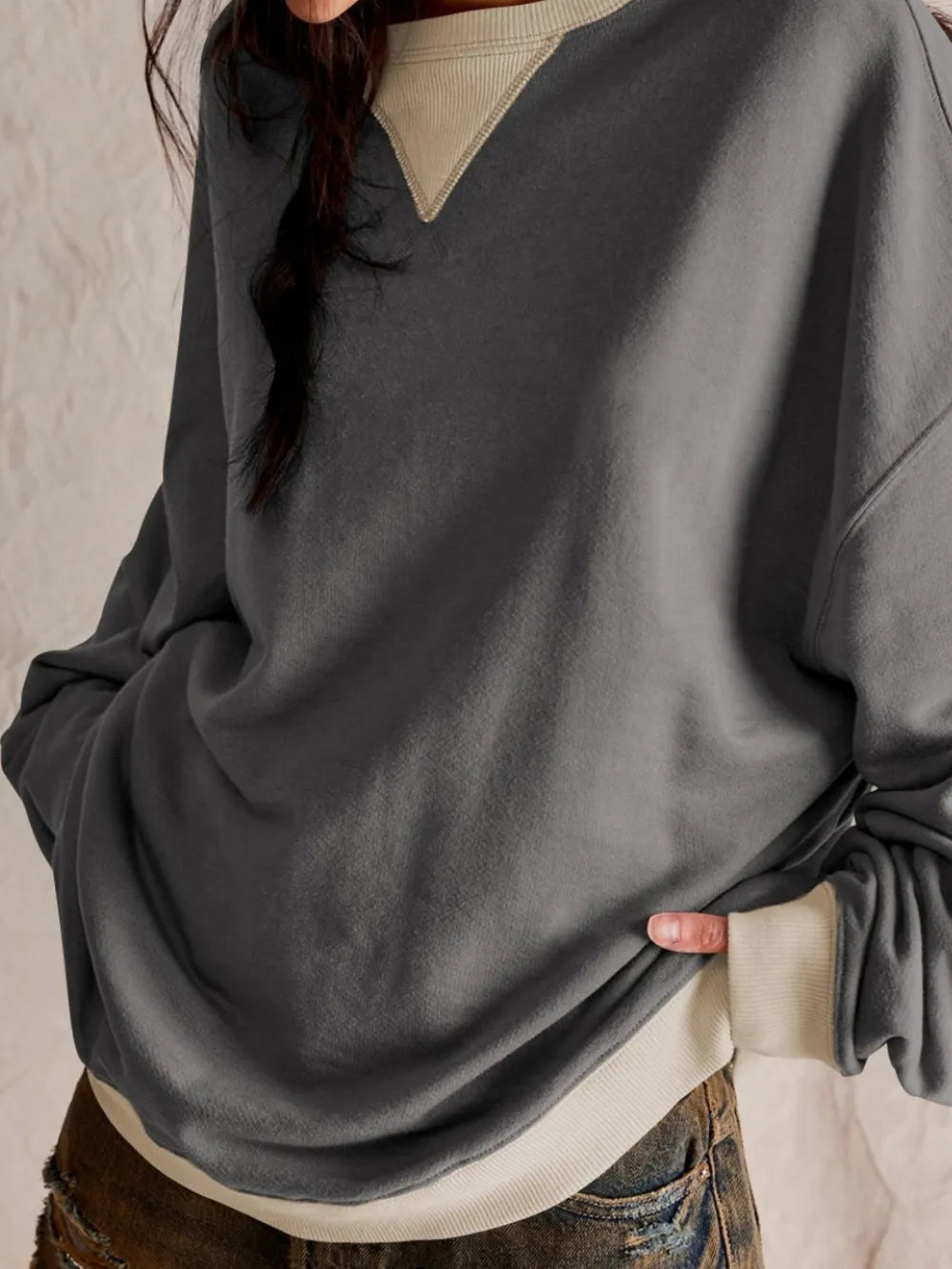 Contrast Dropped Shoulder Long Sleeve Sweatshirt - Korvel