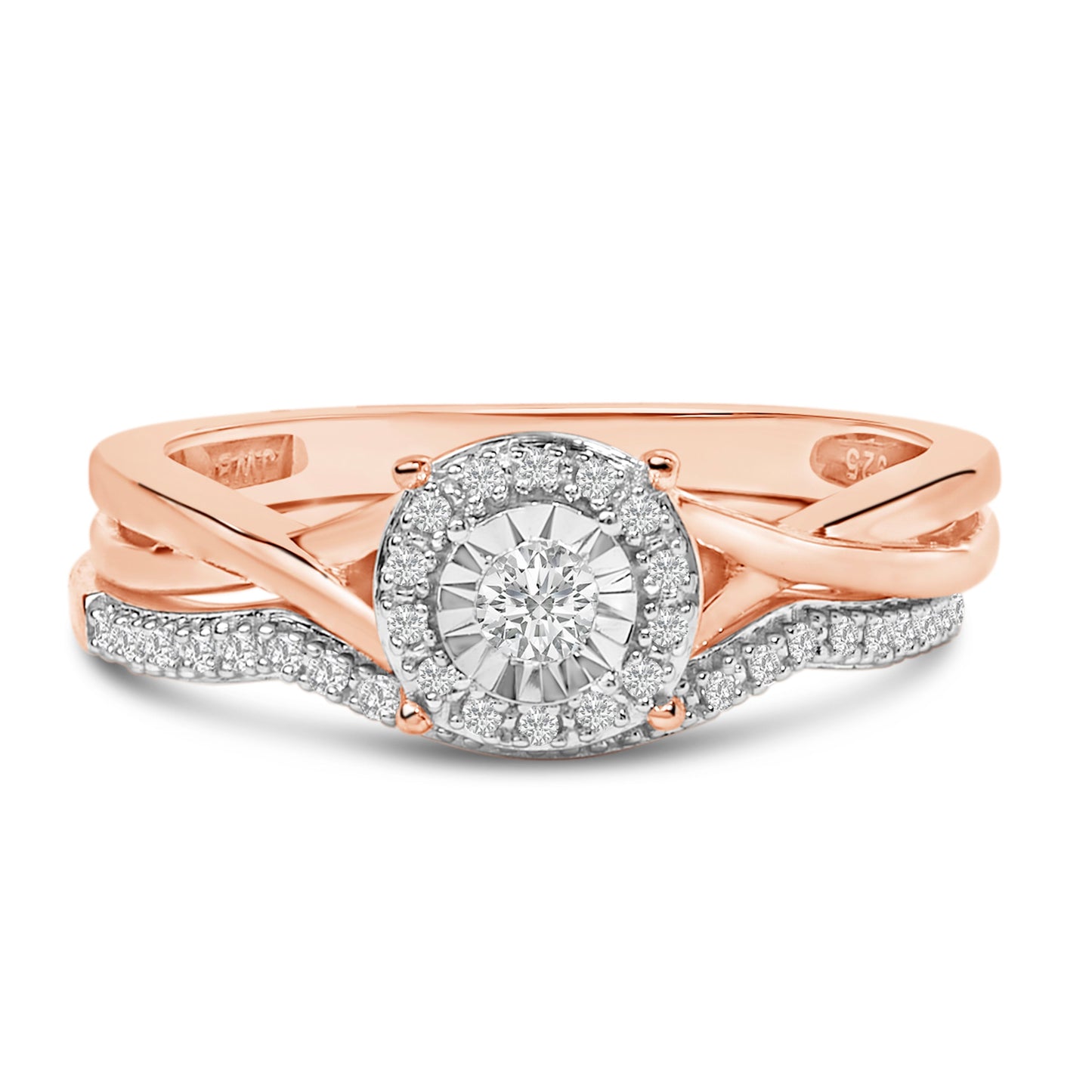14K Rose Gold Plated Sterling Silver Diamond Round Halo Bridal Set