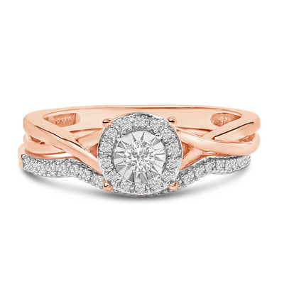 Ensemble de bagues de mariage en argent sterling plaqué or rose 14K avec diamants en halo rond