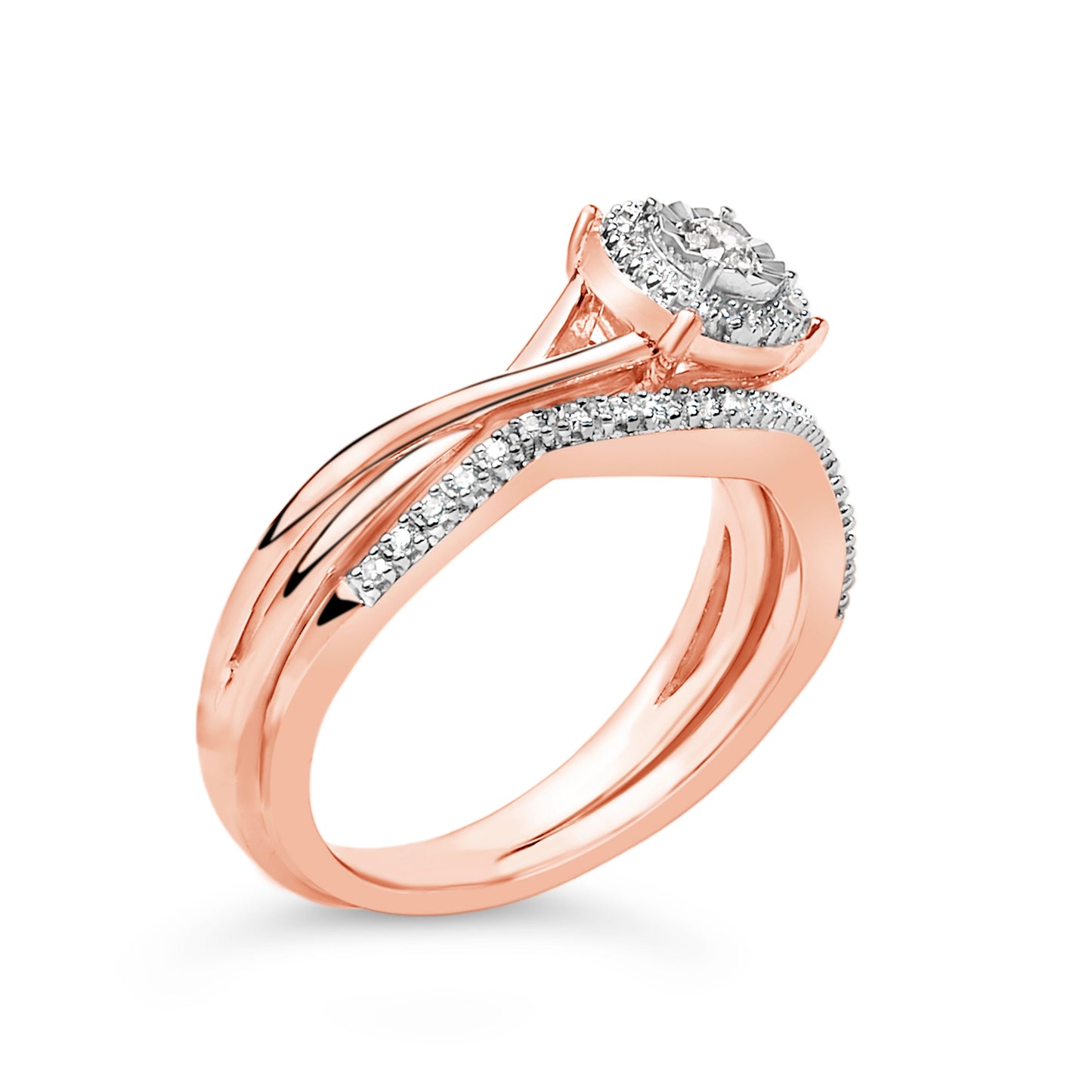 14K Rose Gold Plated Sterling Silver Diamond Round Halo Bridal Set