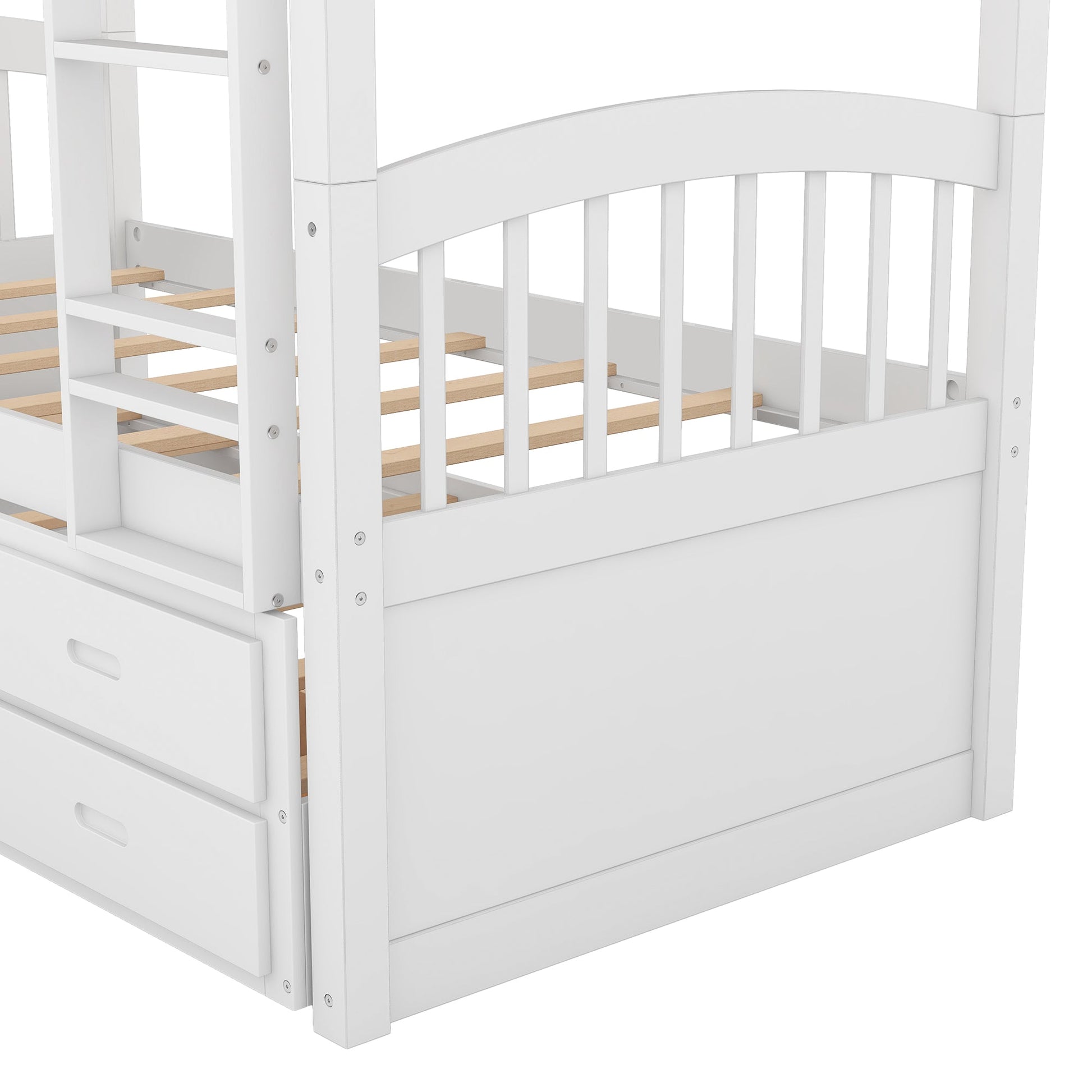 Twin over Twin Wood Bunk Bed with Trundle and Drawers White - Korvel