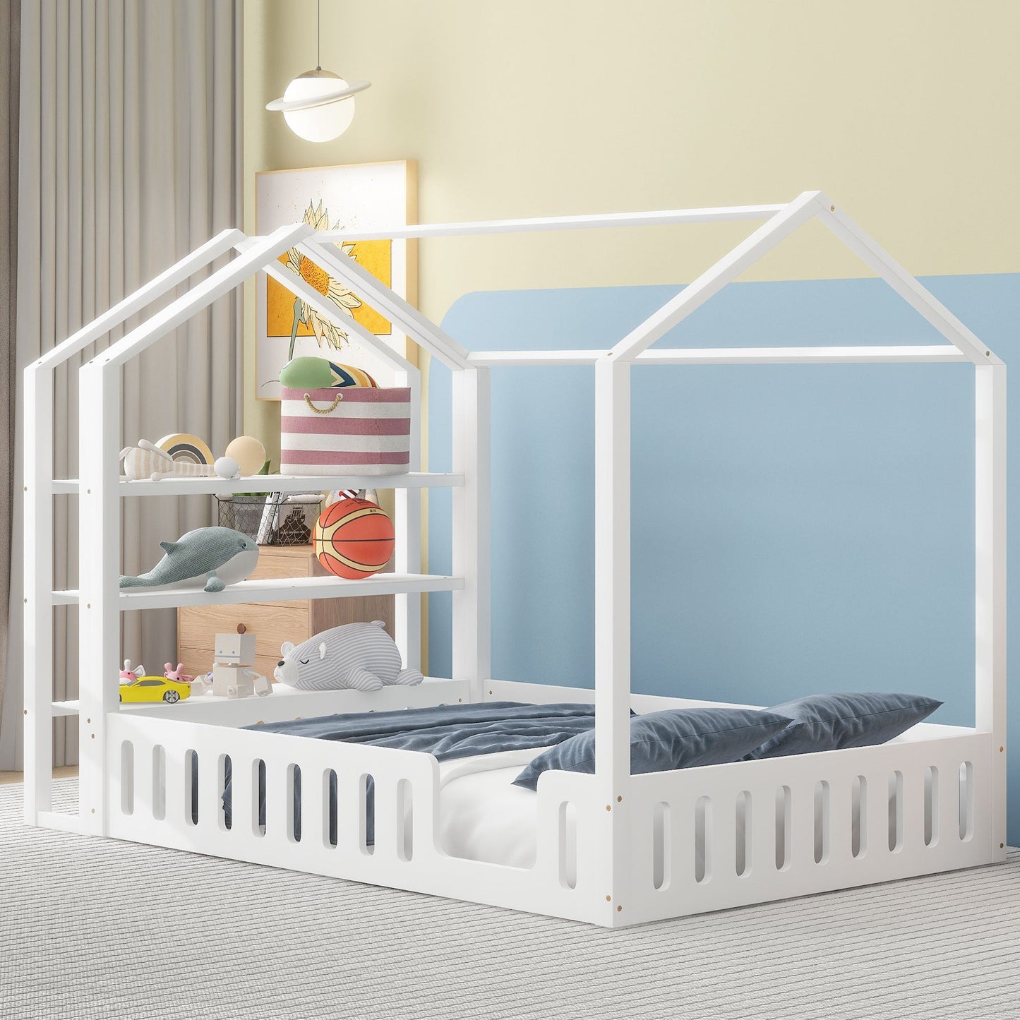Full Size Wood House Bed with Fence and Detachable Storage Shelves, White - Korvel