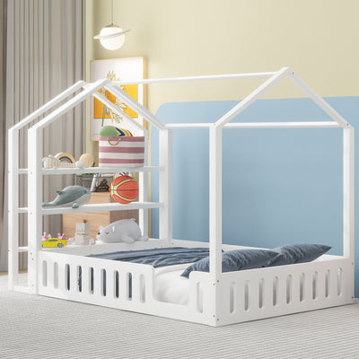 Full Size Wood House Bed with Fence and Detachable Storage Shelves, White - Korvel