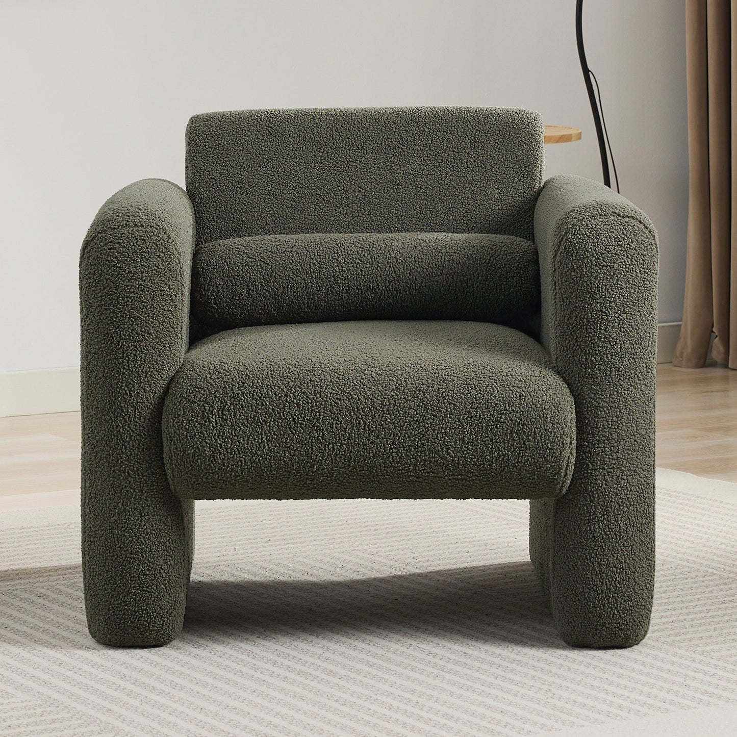 Modern style chair with sheepskin Sherpa fabric soft cushion, comfortable armchair, soft with backrest and pillow, seaweed green - Korvel