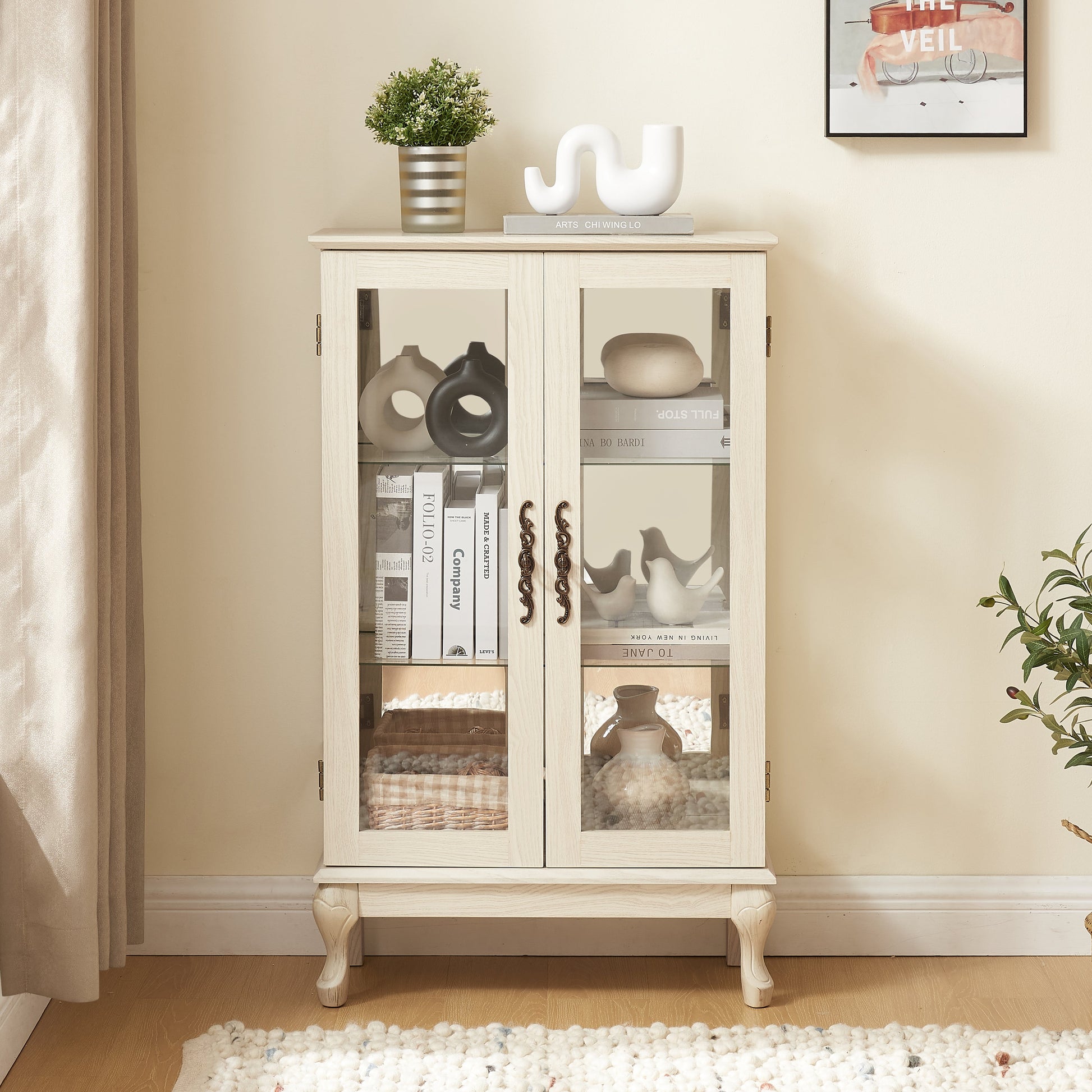 Dual door Curio cabinet with tempered glass door mirror back panel and adjustable shelf display cabinet with light bulbs, white - Korvel