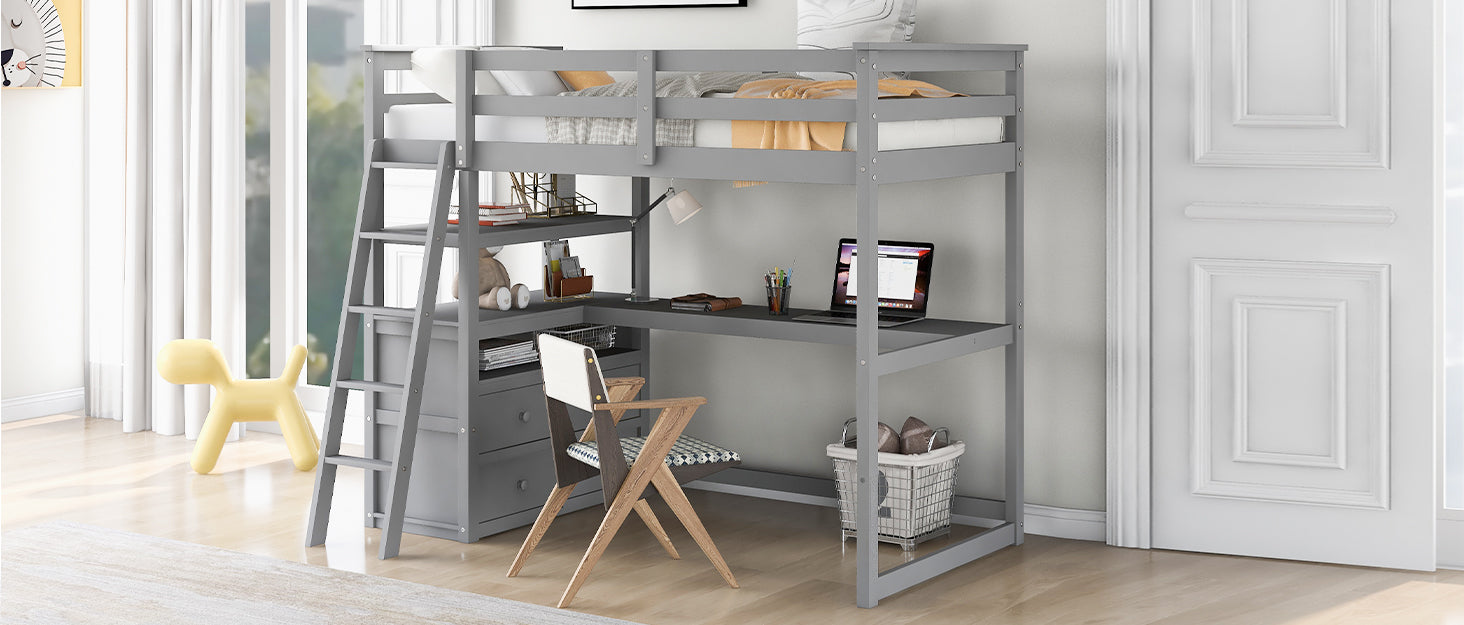 Twin Size Loft Bed with Desk and Shelves, Two Built-in Drawers, Gray - Korvel