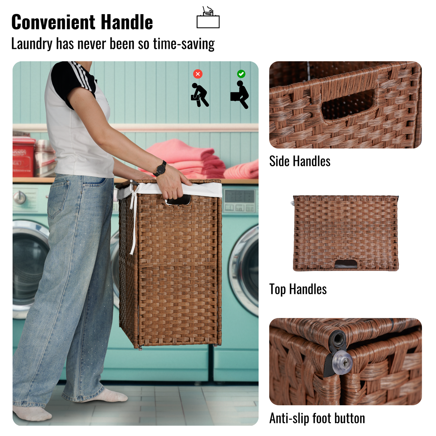 Laundry Hamper With Lid PE Rattan Powder Coating Frame Clothes Hampers with 02 Removable Bags, 100L, Brown Color - Korvel