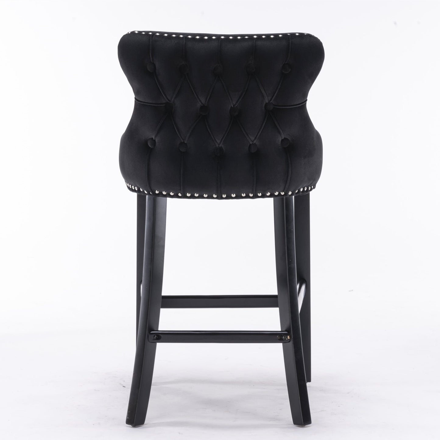 Velvet padded wing back bar stool with button cluster decoration and wooden leg chrome nail head decoration 2-piece set (black) - Korvel