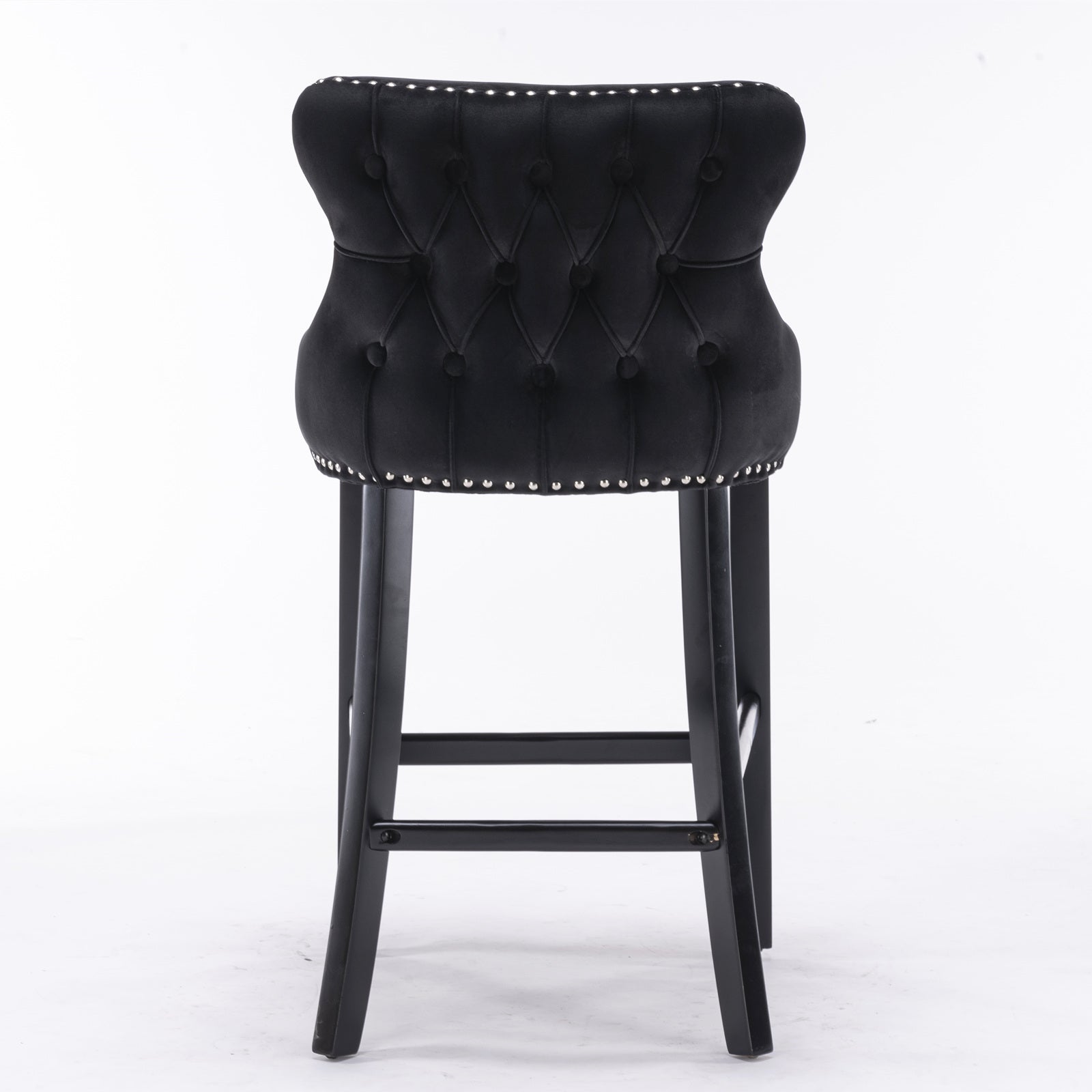 Velvet padded wing back bar stool with button cluster decoration and wooden leg chrome nail head decoration 2-piece set (black) - Korvel