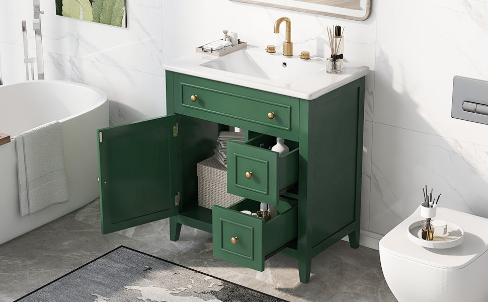 Vanidad de baño verde de 30" con lavabo y almacenamiento