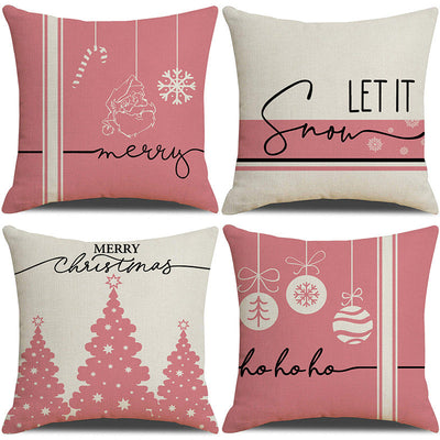 Pink Cartoon Christmas Pillowcase - Premium Linen Cushion Cover