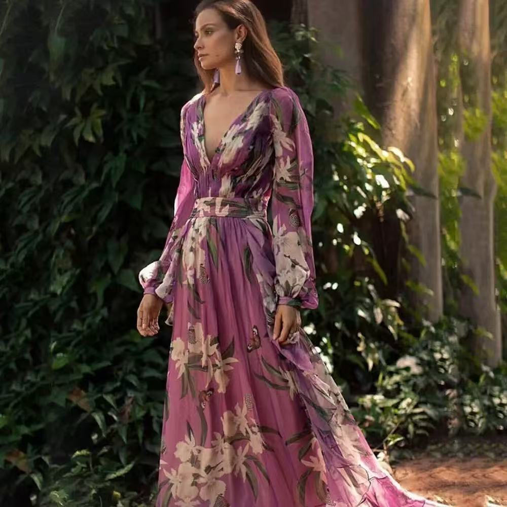 Winter New  Style V-Neck Long Sleeve Four-Way Stretch Printed Flared Dress - Korvel
