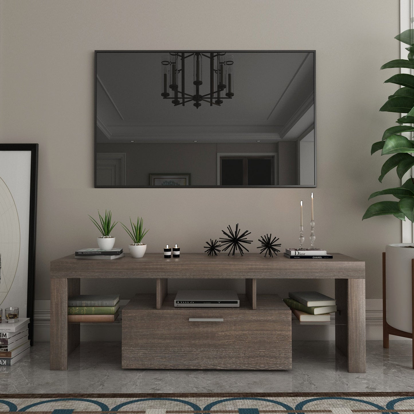 Meuble TV moderne marron avec éclairage LED - Assemblage rapide