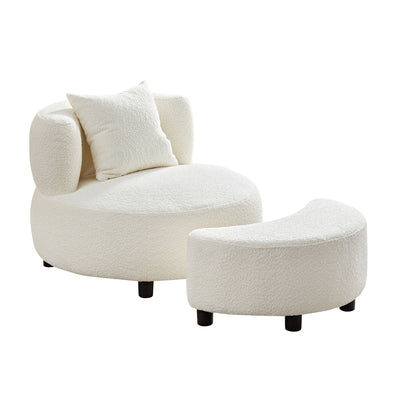 Modern Beige Teddy Fabric Armchair with Ottoman
