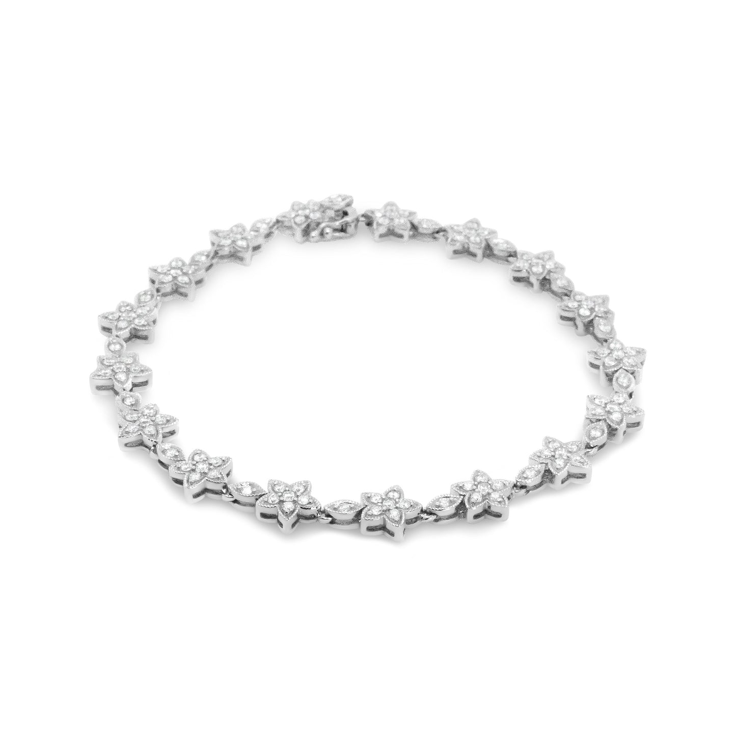 14K White Gold Diamond Flower Blossom Link Bracelet - Size 7"