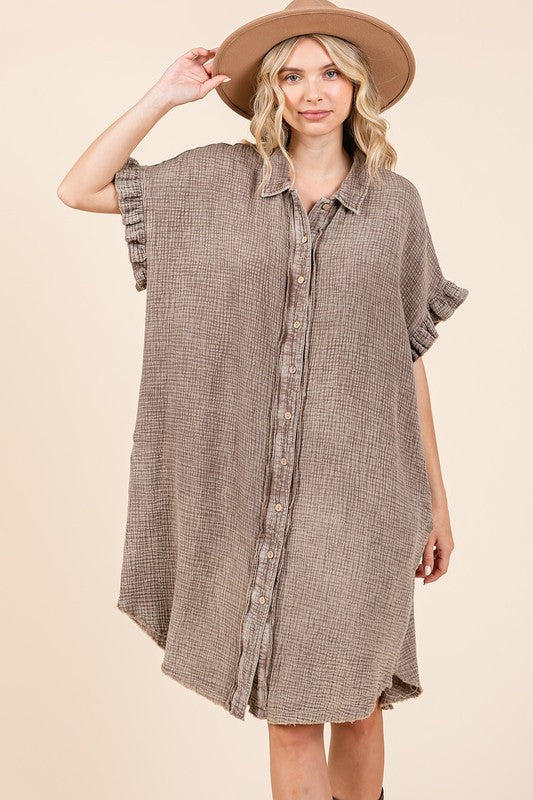 Mineral Wash Cotton Gauze Mini Shirt Dress for Women
