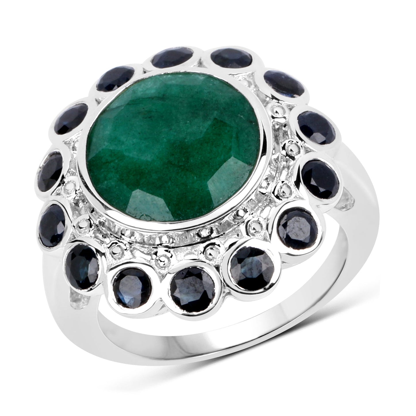 6.88 Carat Dyed Emerald & Blue Sapphire Sterling Silver Ring
