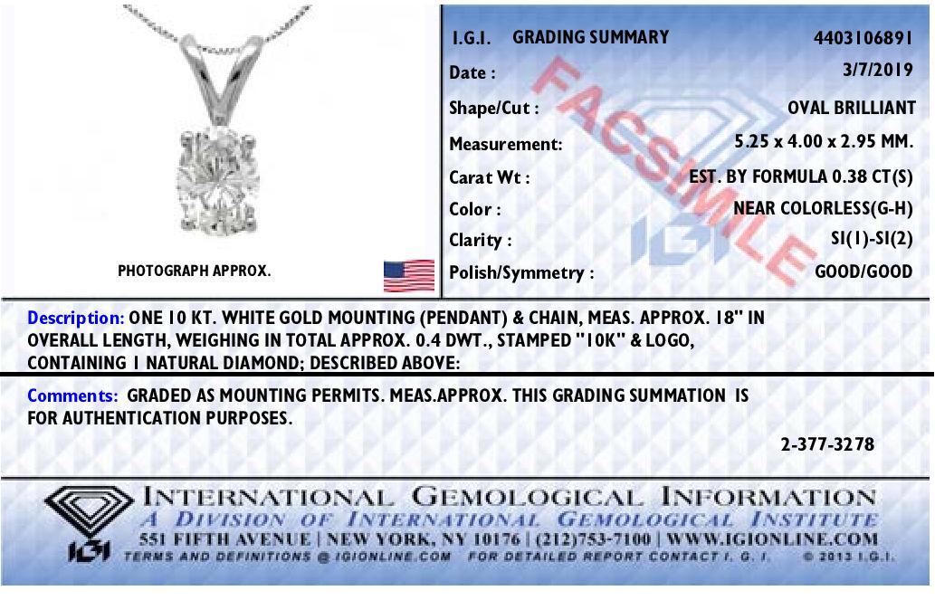 Pendentif ovale en diamant en or blanc 10K certifié IGI - 3/8 cttw