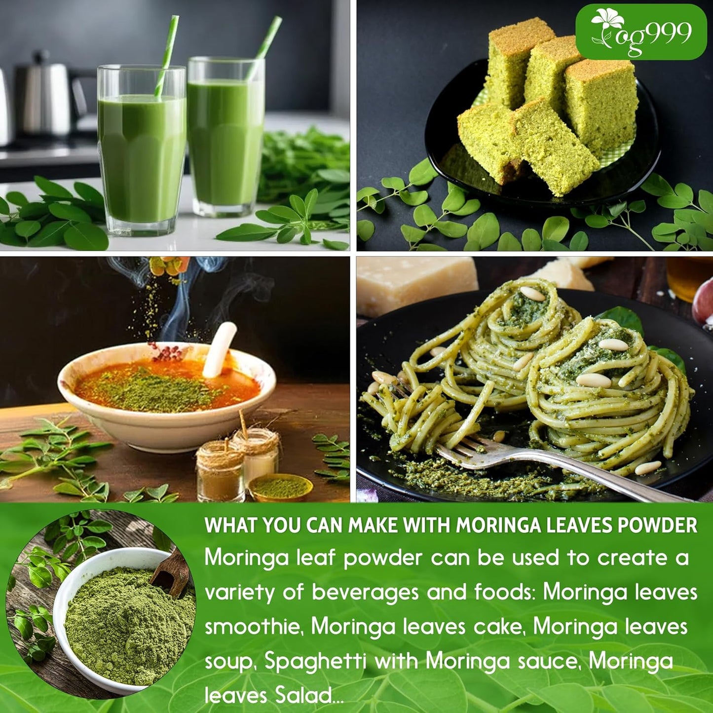 Polvo de hoja de moringa premium, 100 % natural y puro, sin aditivos, sin gluten, sin azúcar, vegano. 