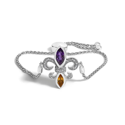 Pulsera Bolo Ajustable de Plata Esterlina .925 con Fleur De Lis y Amatista y Citrino