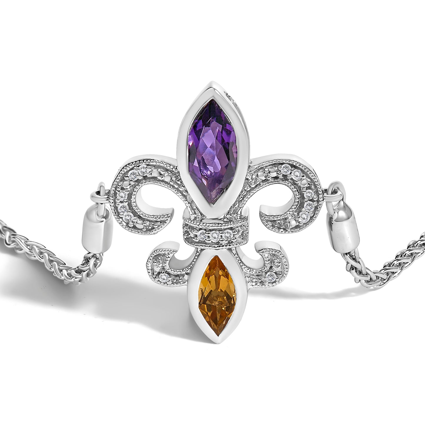 Bracelet Bolo Ajustable en Argent Sterling .925 avec Fleur De Lis et Améthyste et Citrine