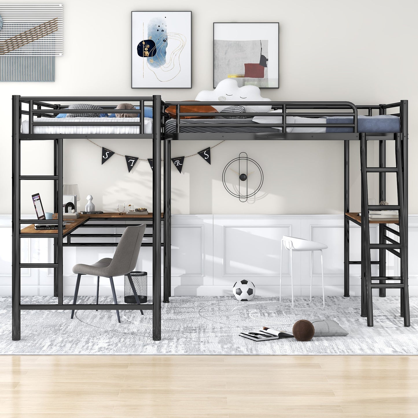 Twin Size Metal Loft Bed with Two Built-in Desks Black - Korvel