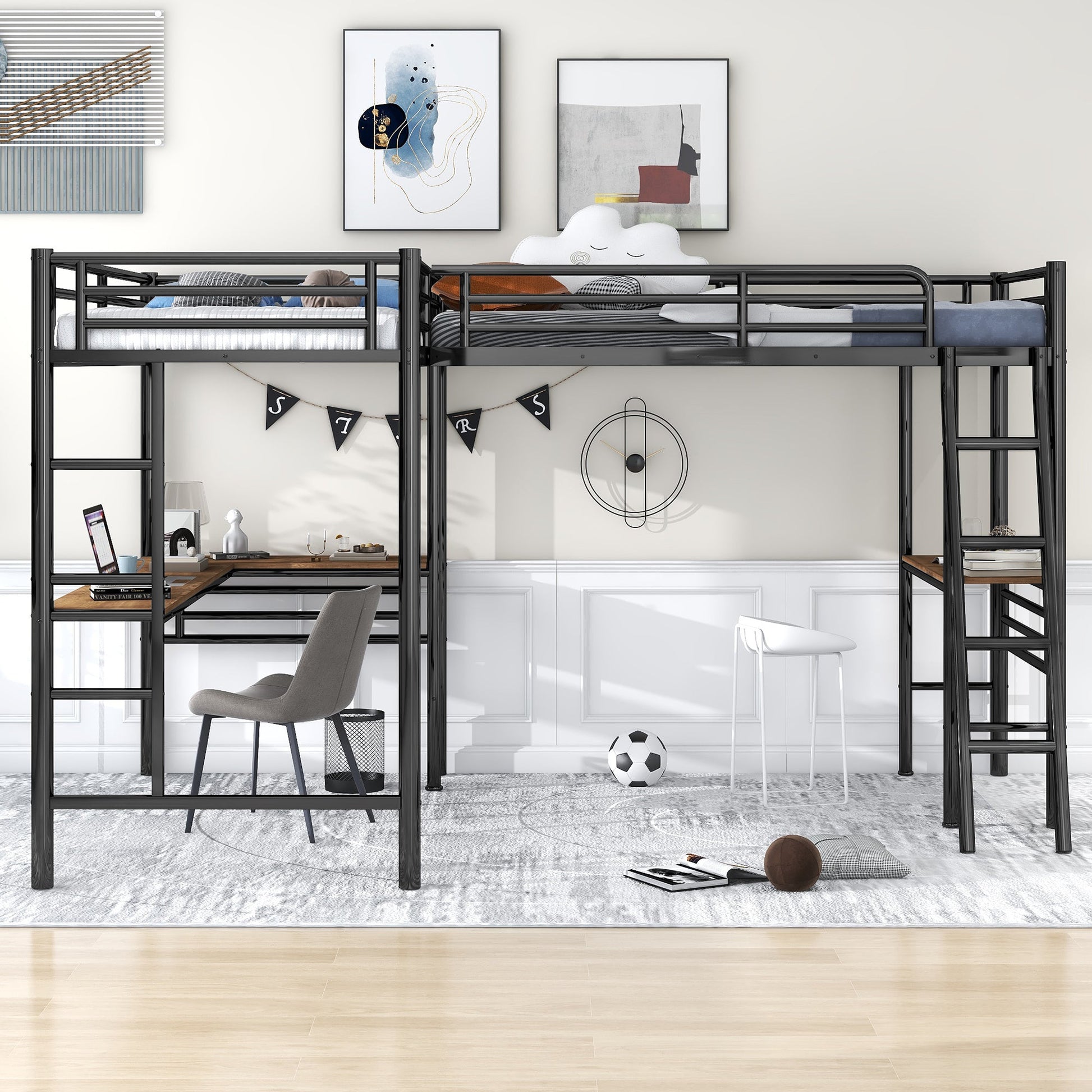 Twin Size Metal Loft Bed with Two Built-in Desks Black - Korvel
