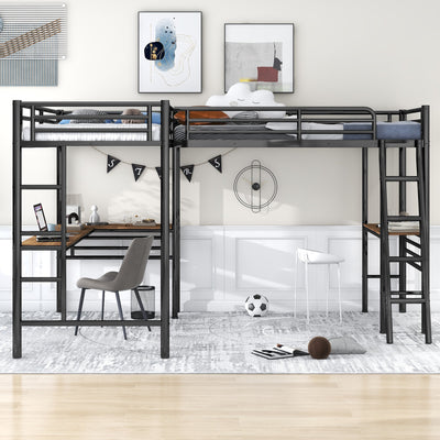 Twin Size Metal Loft Bed with Two Built-in Desks Black - Korvel