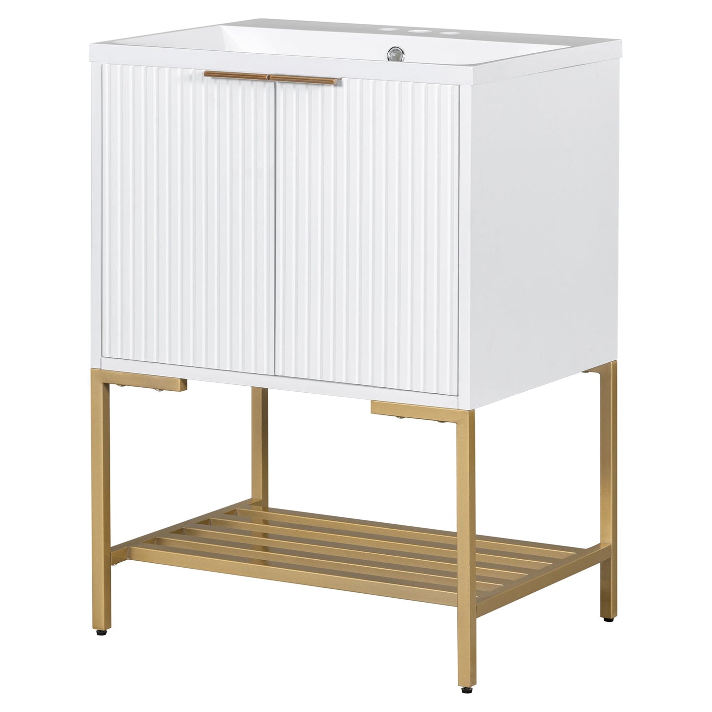 24" Bathroom Vanity with Sink, Bathroom Vanity Cabinet with Two Doors and Gold Metal Frame, Open Storage Shelf, White - Korvel