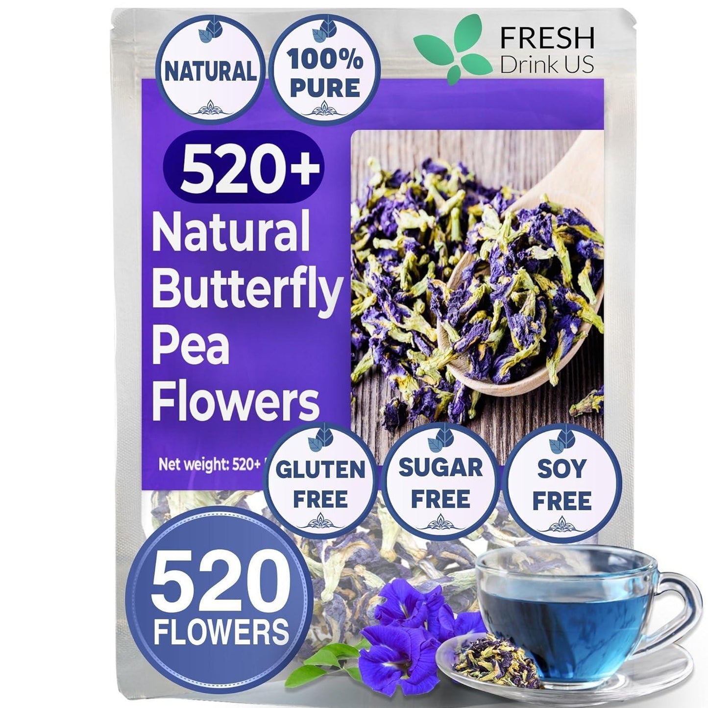 Premium Butterfly Pea Flowers, Tea Bags, 100% Natural and Pure from Butterfly Pea Flowers, Hand-made, Made With Natural Materials-Corn Fiber Tea Bag, Sugar/Caffeine/Gluten Free - Korvel