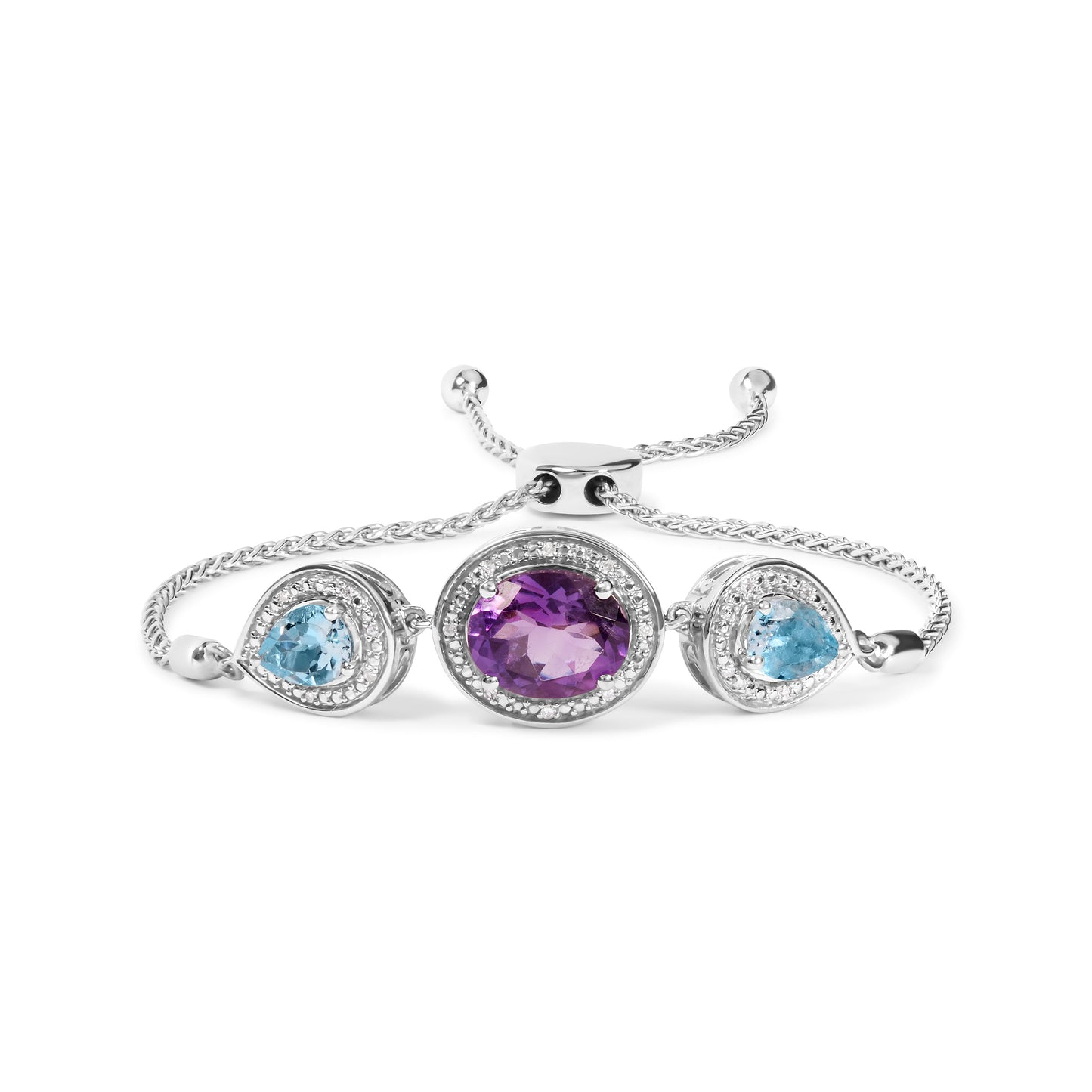 .925 Sterling Silver Amethyst & Blue Topaz Lariat Bolo Bracelet