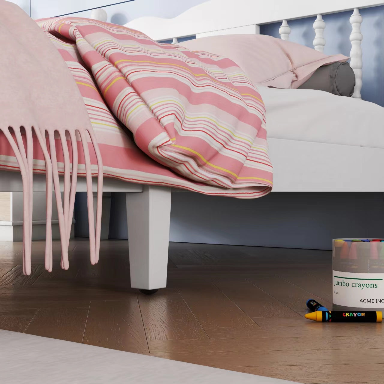Twin Bed with Column-Decoration Headboard, with Bed Slats,White - Korvel